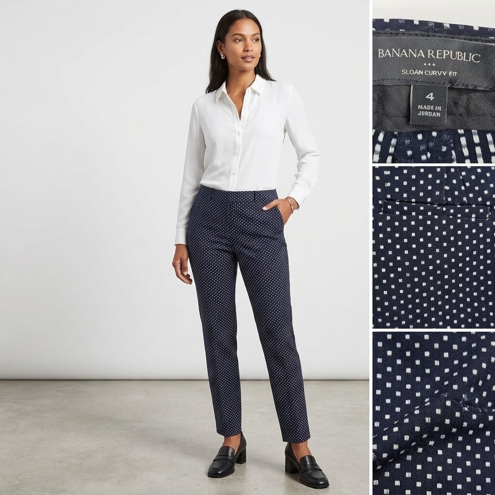 Banana Republic Sloan Curvy Fit Pants Women 4 Navy Polka Dot Slim Tapered 420392